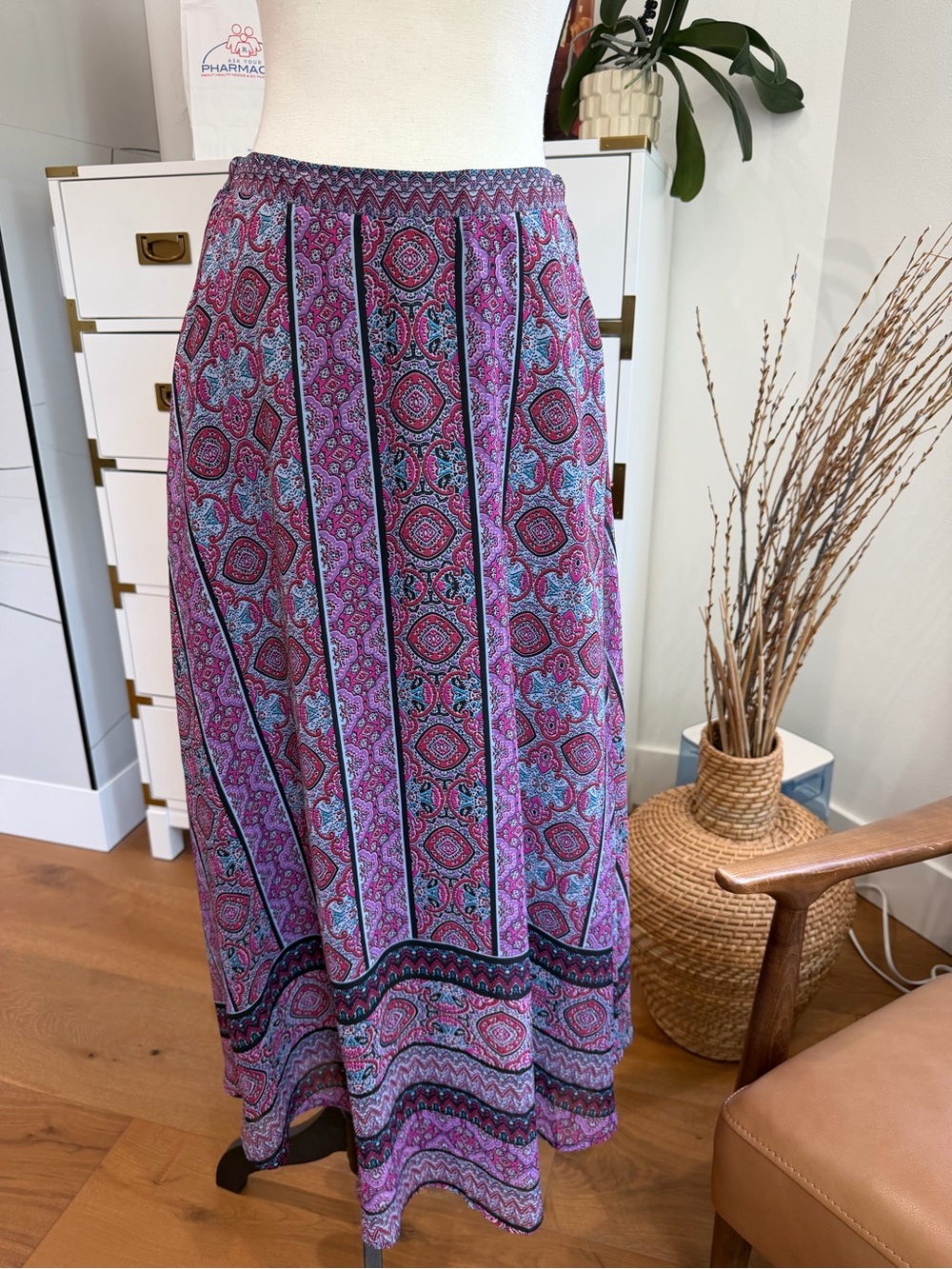Bohemian Purple Paisley Maxi Skirt with Elastic Waist